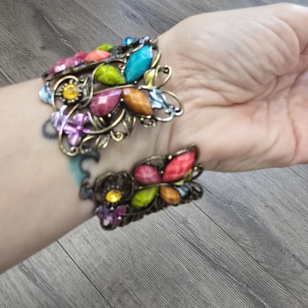 Butterfly Wide Cuff Multicolored Faceted Stone Abstract Colorful Boho Chic